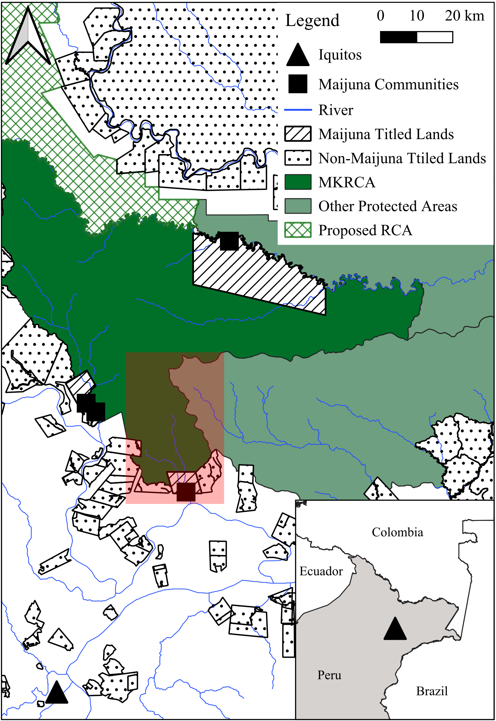 Regional map locating the study landscape near Iquitos within Peru, including protected areas, titled lands, rivers, and Maijuna communities.