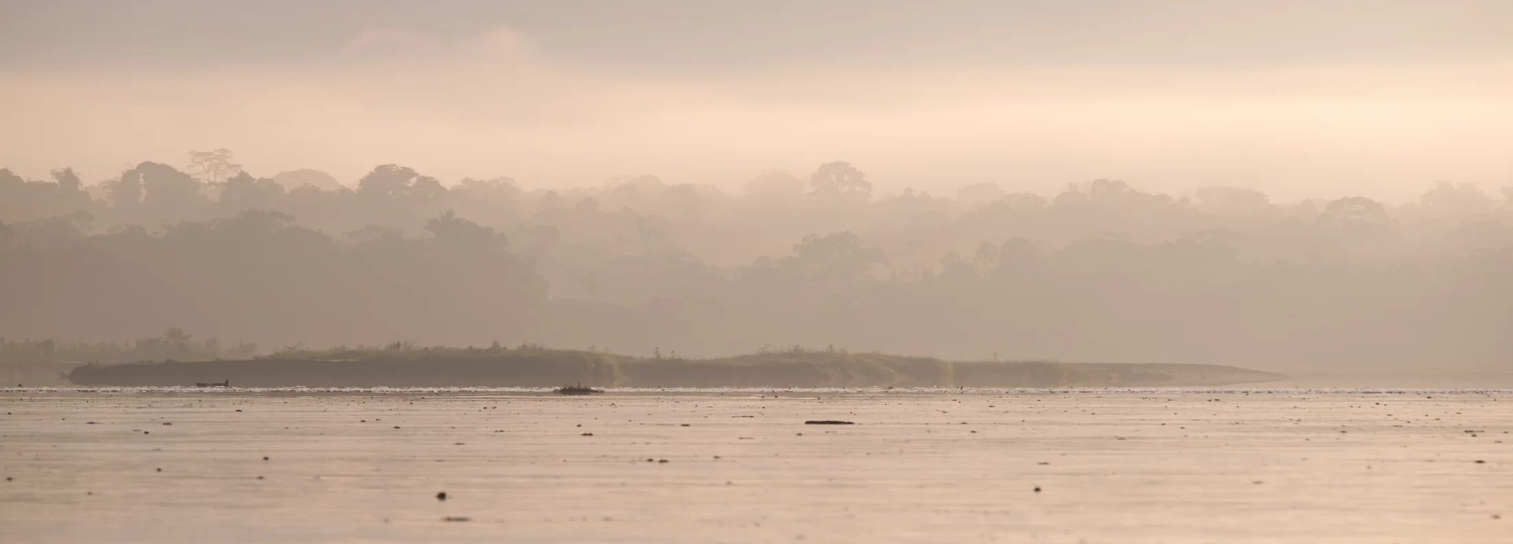Mist rising across a broad river with layers of rainforest beyond.